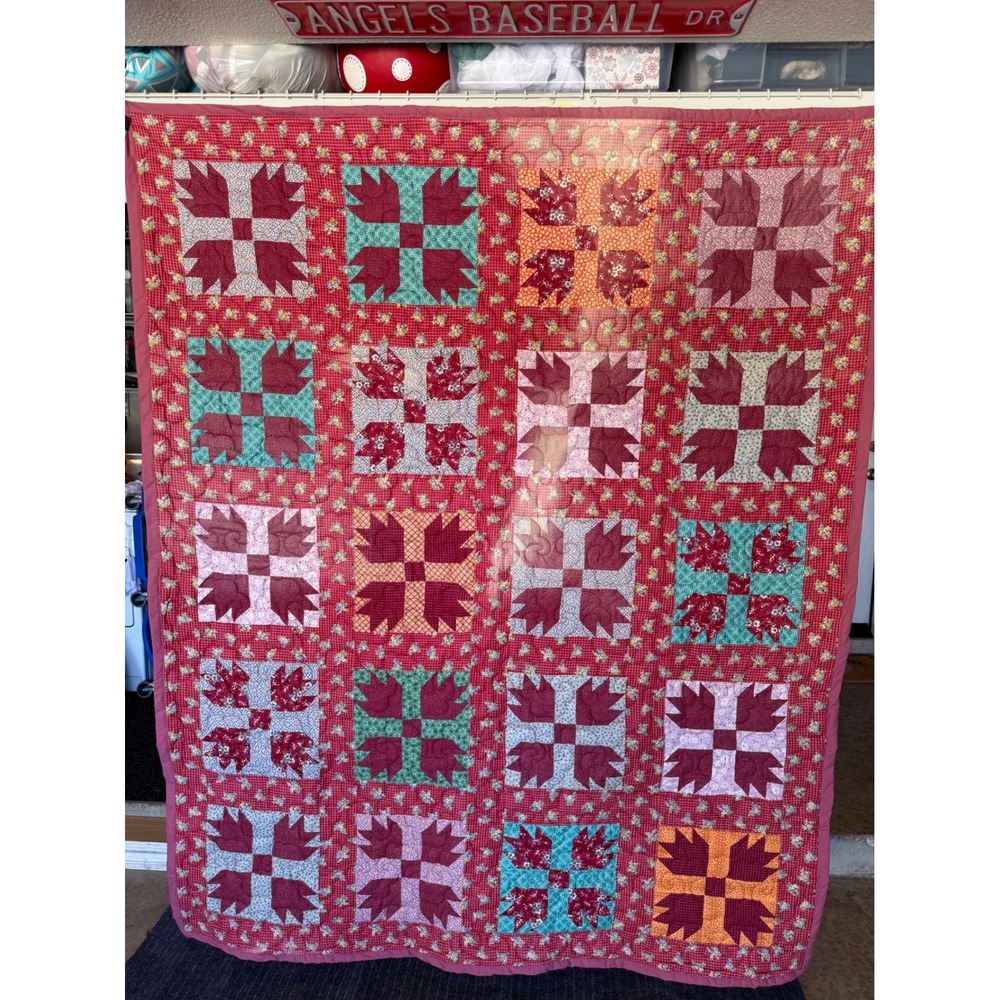 Vintage Style Bear Paw Patchwork Cutter Quilt Red Pink Floral Multi Color 80x66